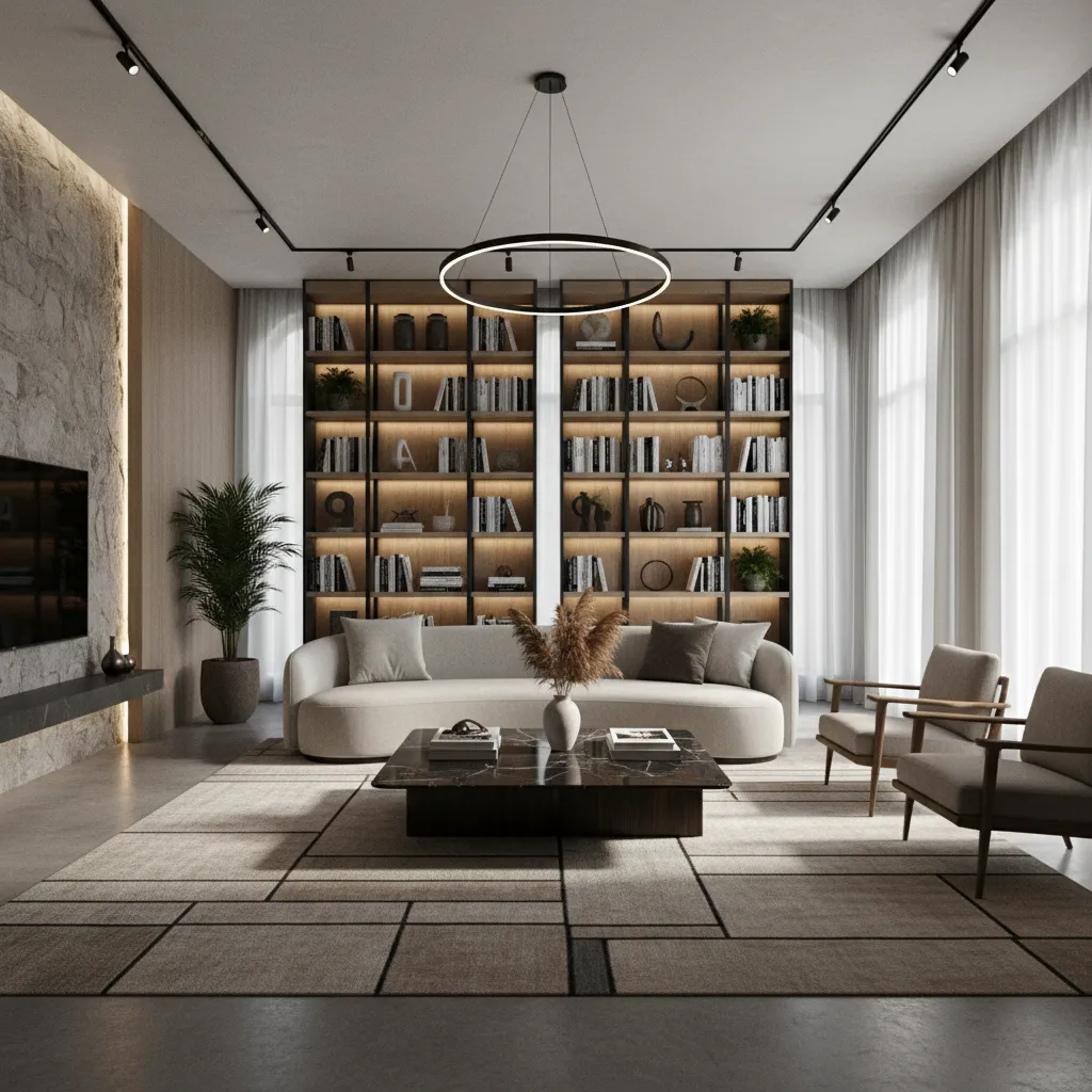 Salón moderno con composición cinematográfica y muebles bien distribuidos
