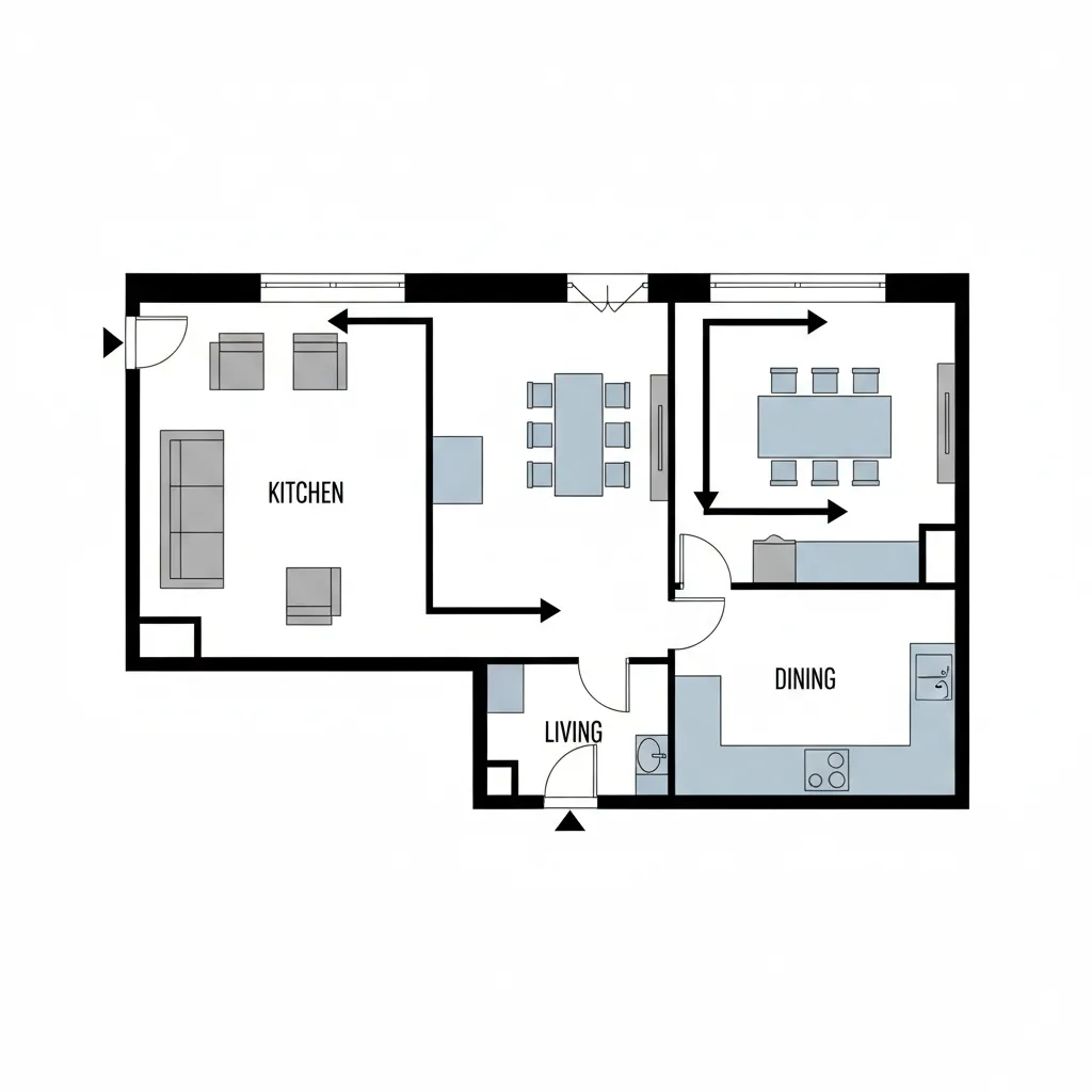 Interior floor plan showing circulation paths and furniture layout zones