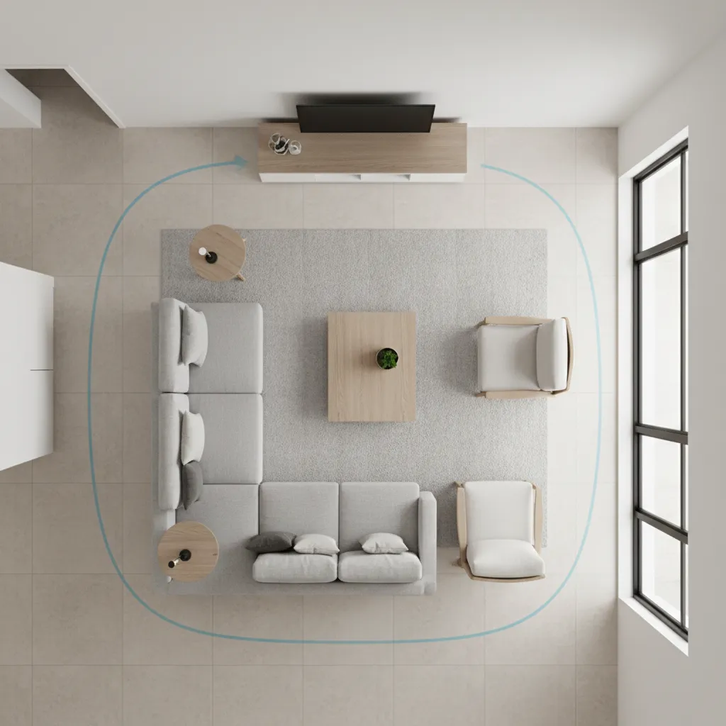 top view living room layout showing clear walking paths and furniture placement