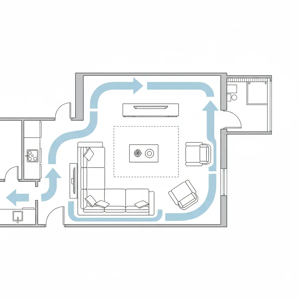 Diagrama de circulación en un salón mostrando espacio de paso