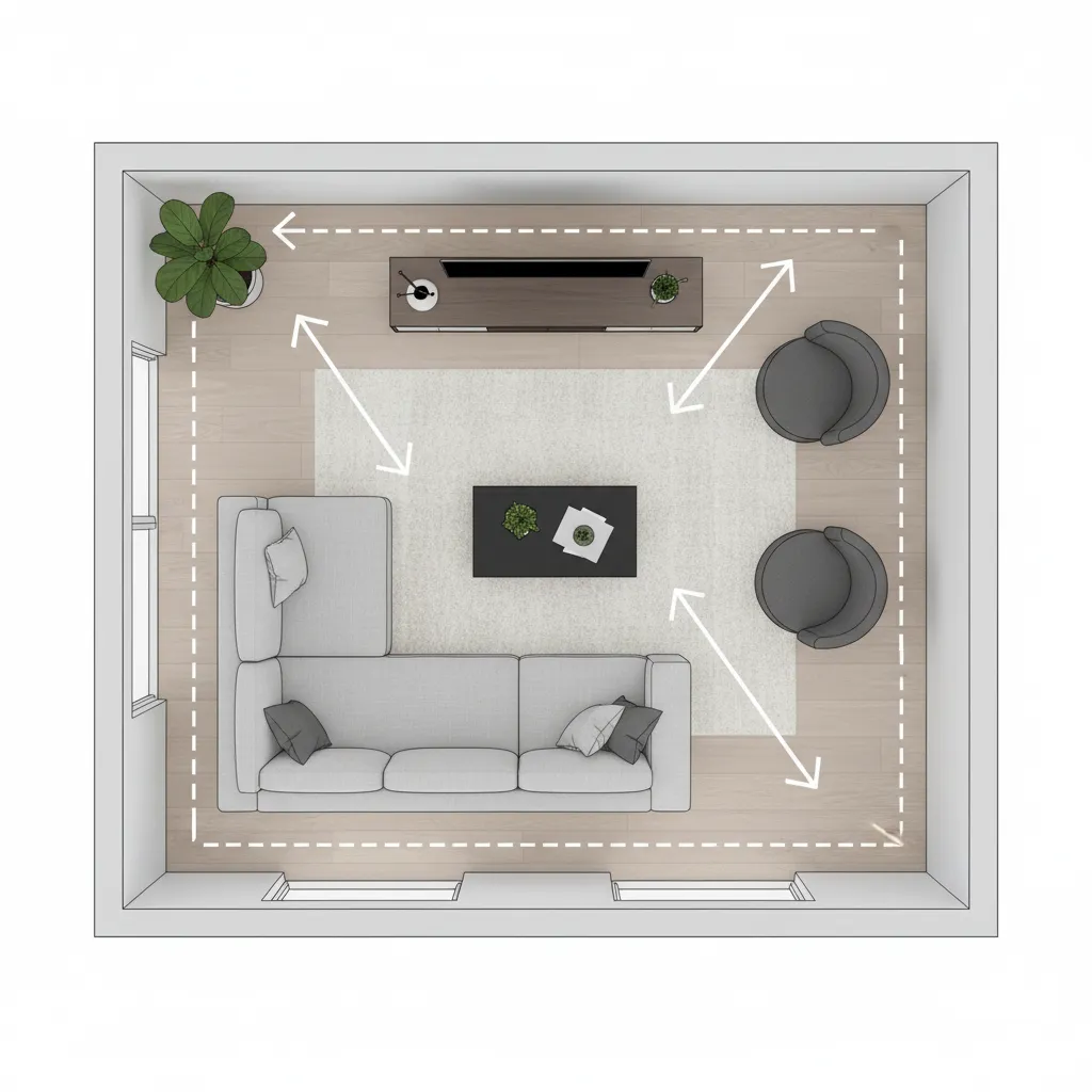Plano de sala mostrando zonas de circulación y colocación de muebles
