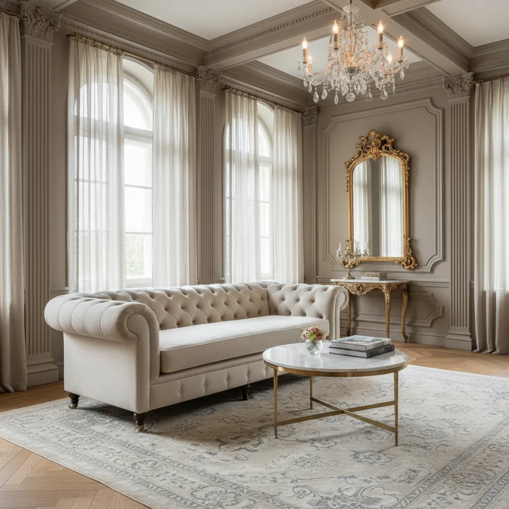 Elegant living room featuring a white tufted sofa, round coffee table, wall panel, and ceiling light