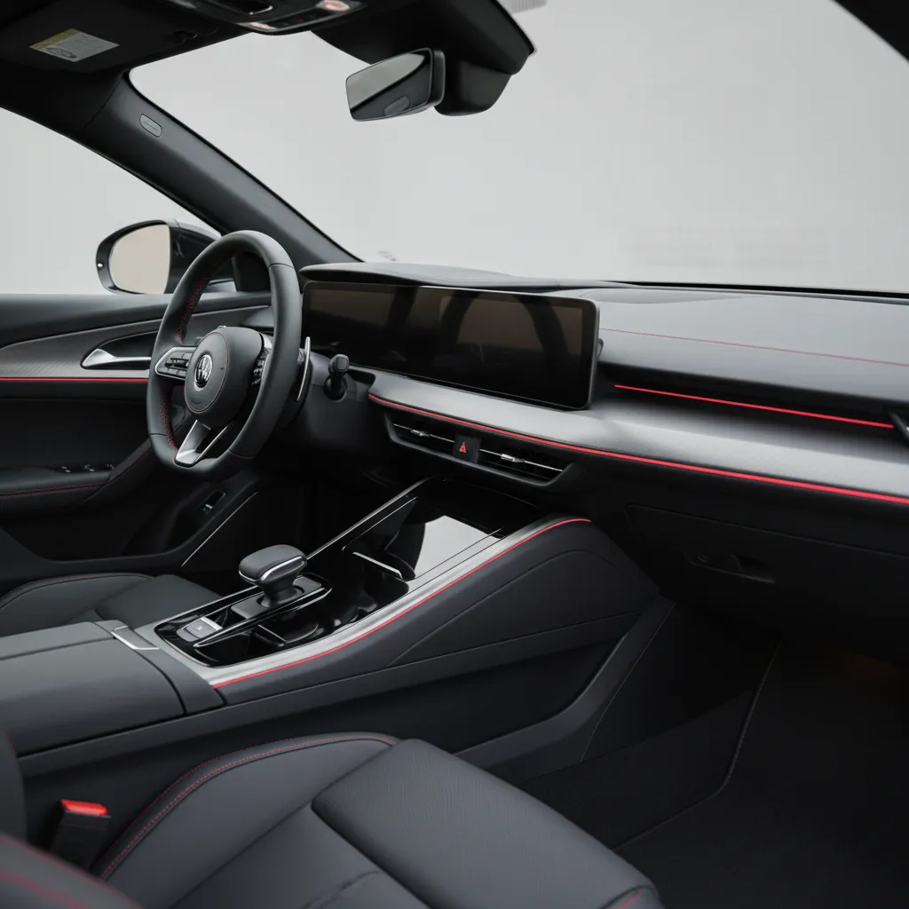 Interior de coche moderno con varias líneas de acento de ribete rojo