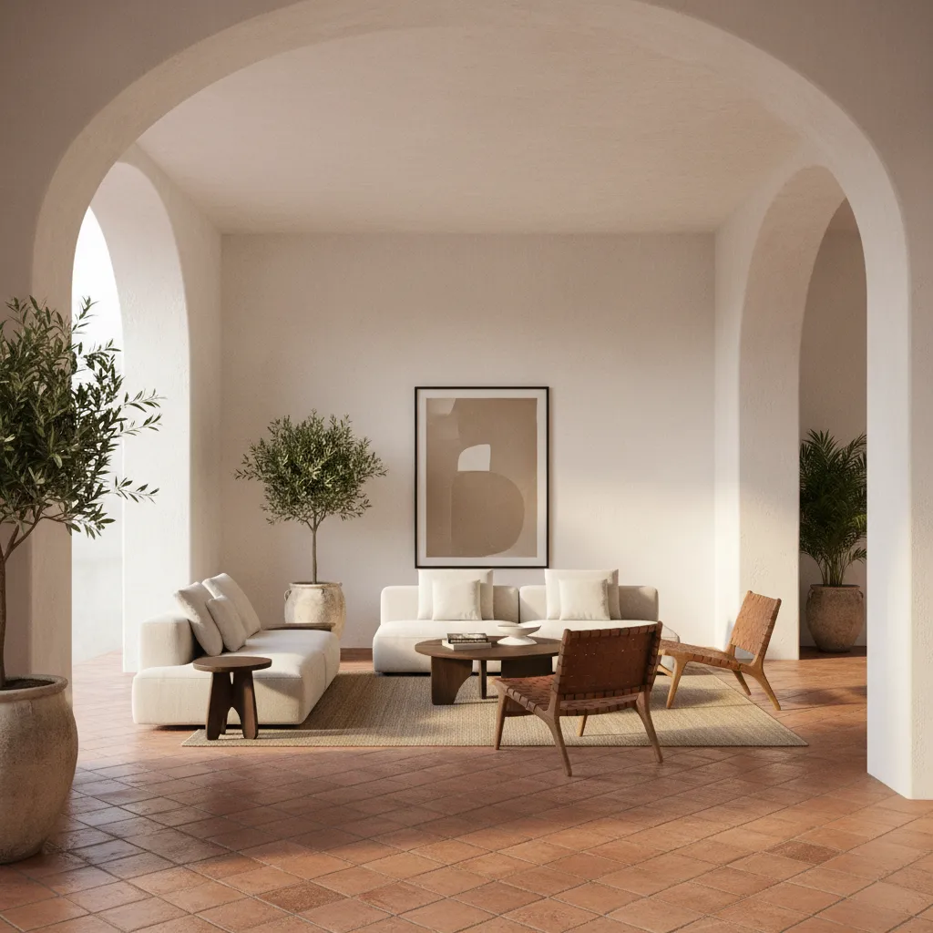 Interior moderno dentro de una casa colonial con arcos y paredes blancas