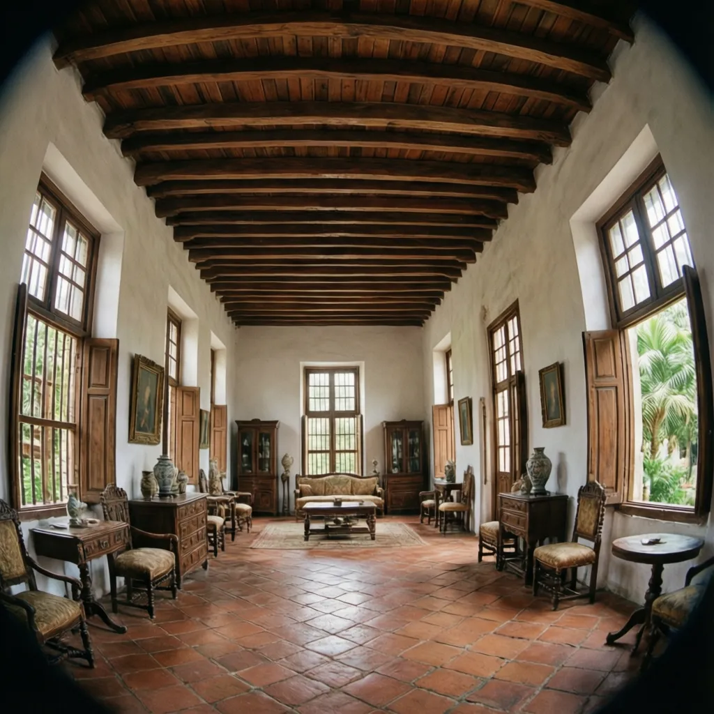 Interior colonial con techo alto, vigas de madera y grandes ventanas