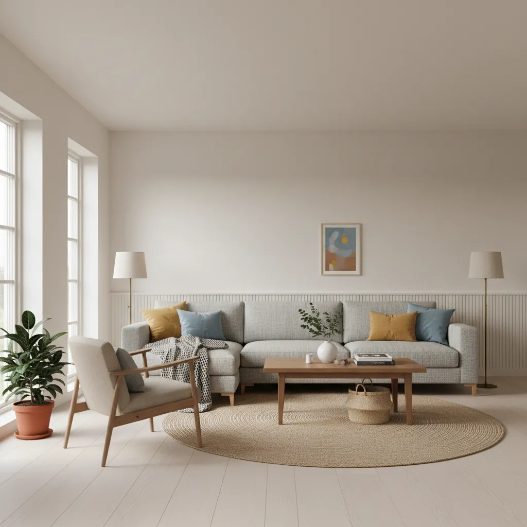 Interior design color balance with neutral base tones wood materials and accent decor
