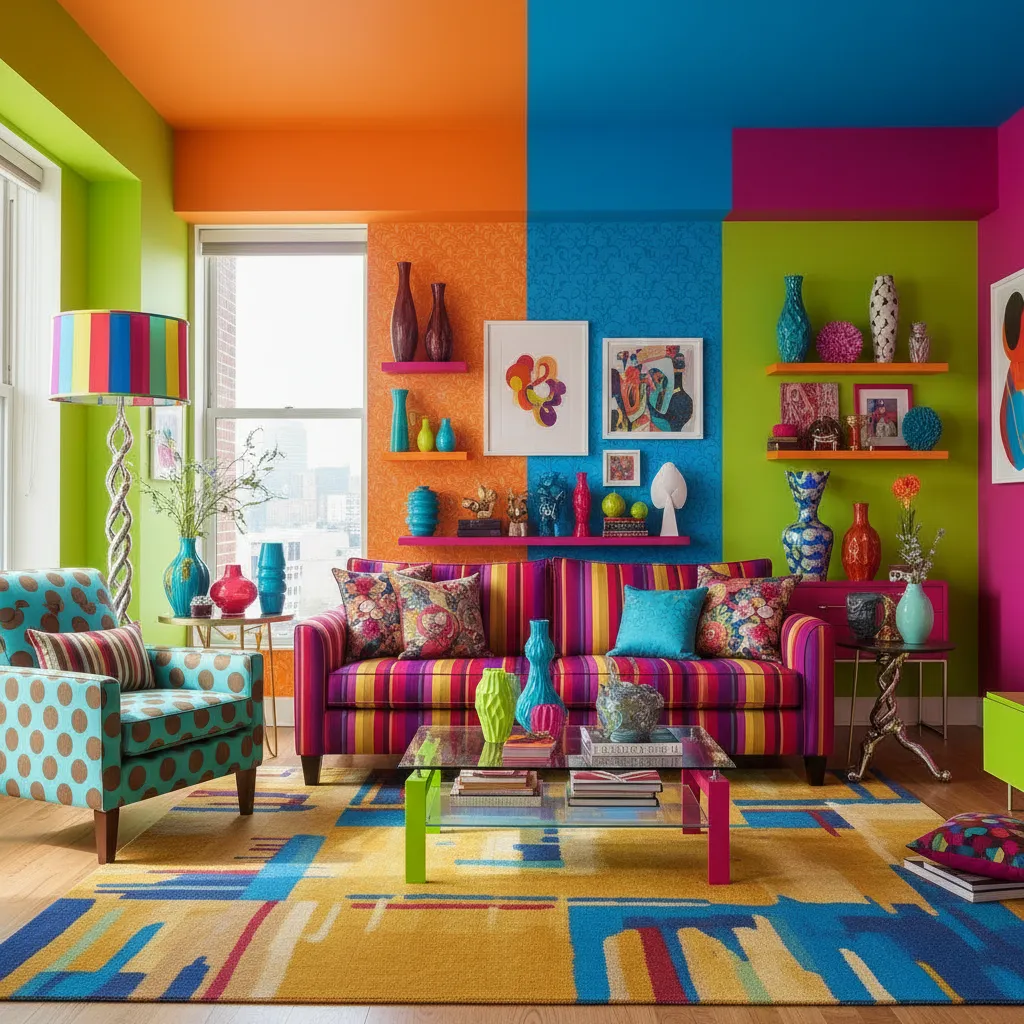 Habitación con demasiados colores y decoración desordenada