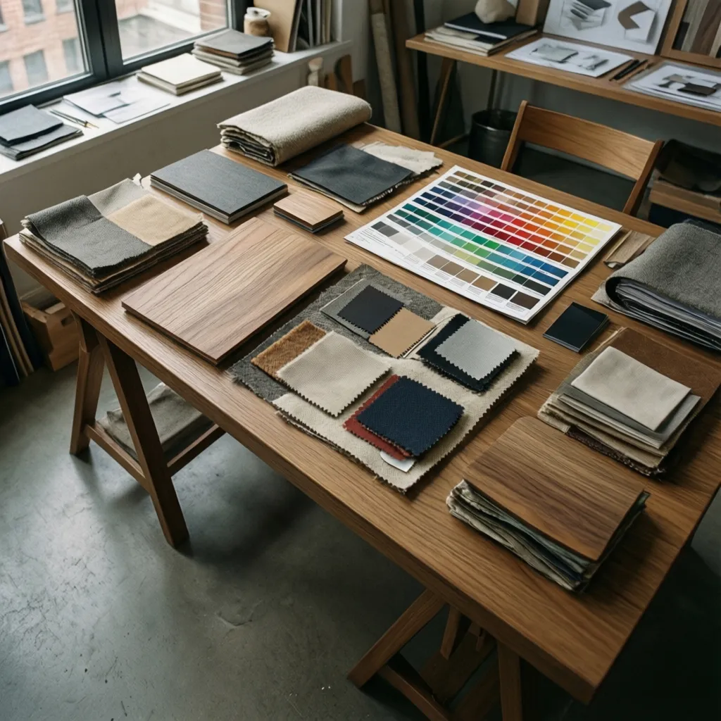 Wooden table showing fabric samples wood pieces and a colorful color palette chart room design