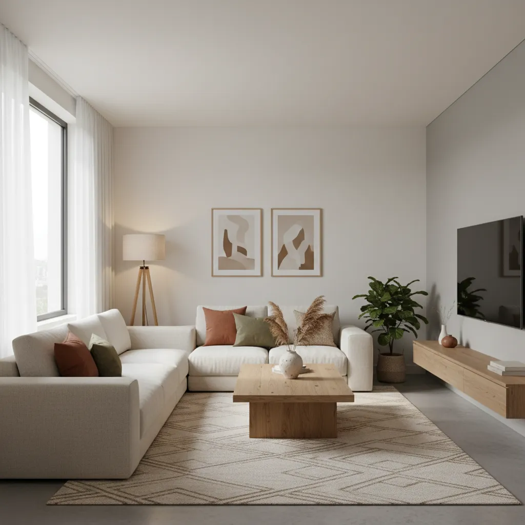 Sala moderna con paleta equilibrada de colores neutros y acentos