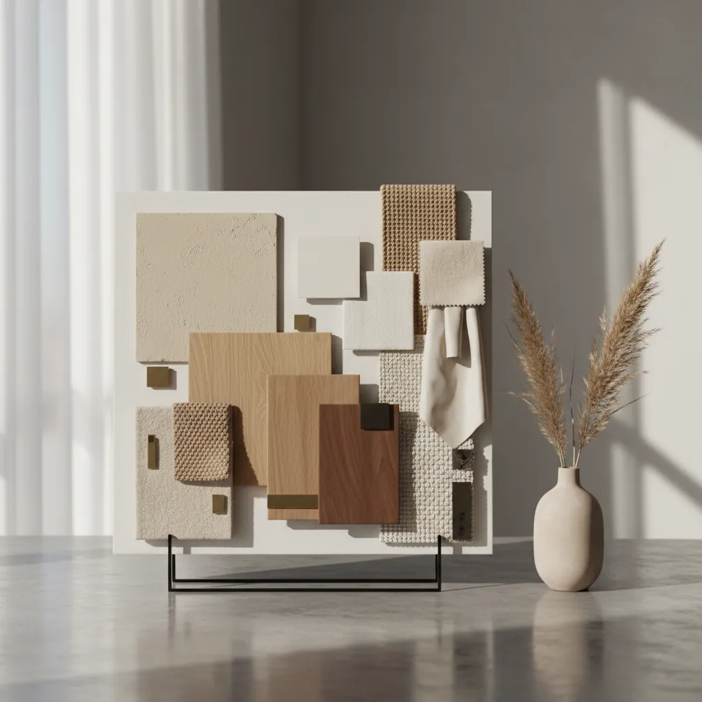 Paleta de colores para interior con tonos neutros y materiales naturales