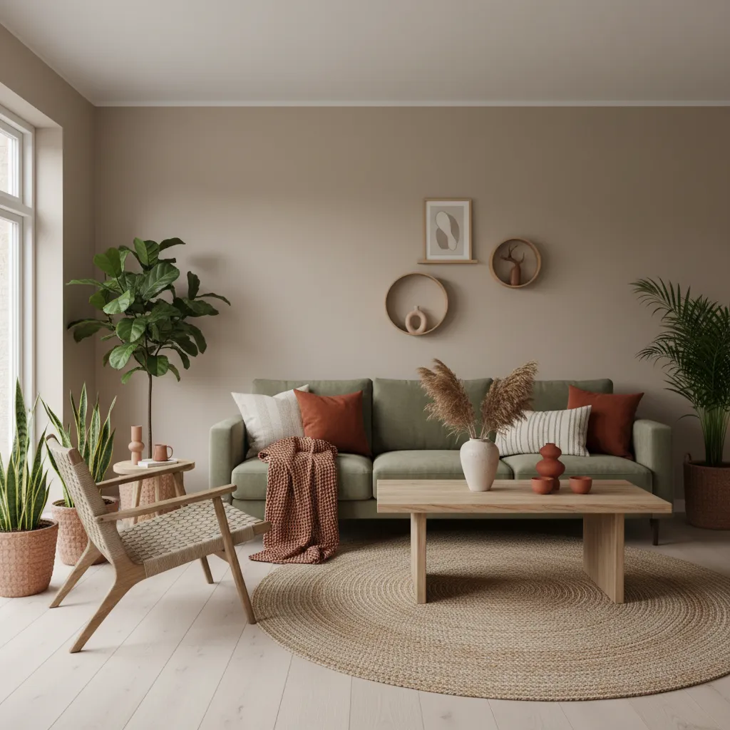 Earthy living room with green sofa terracotta pillows wooden coffee table round rug and plants