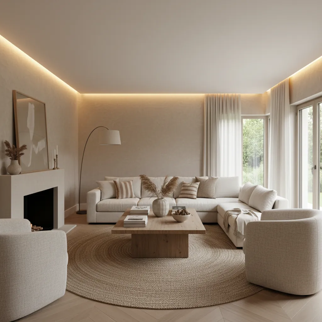 Salón con paleta de colores neutros y acentos decorativos