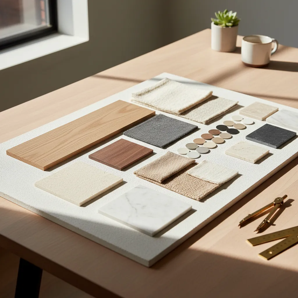 Interior design material board with wood samples fabric swatches marble tiles and colors on table