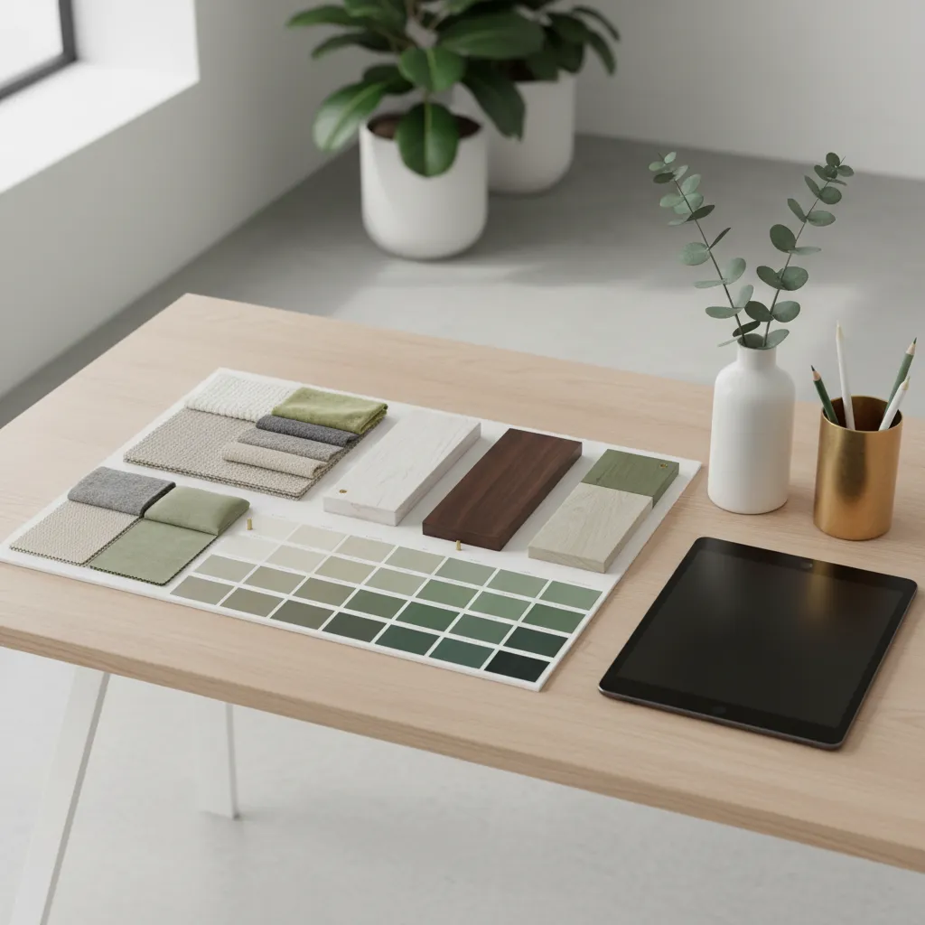 Green fabric samples wood pieces and color chart for interior design on a wooden desk