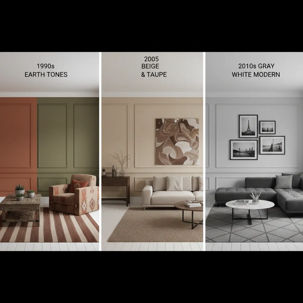 Interior color palette comparison between 1990s earth tones 2005 beige palette and 2010s gray white modern scheme