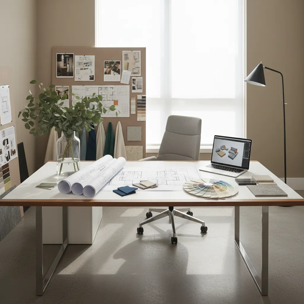 Diseñador revisando paletas de color en plano de vivienda