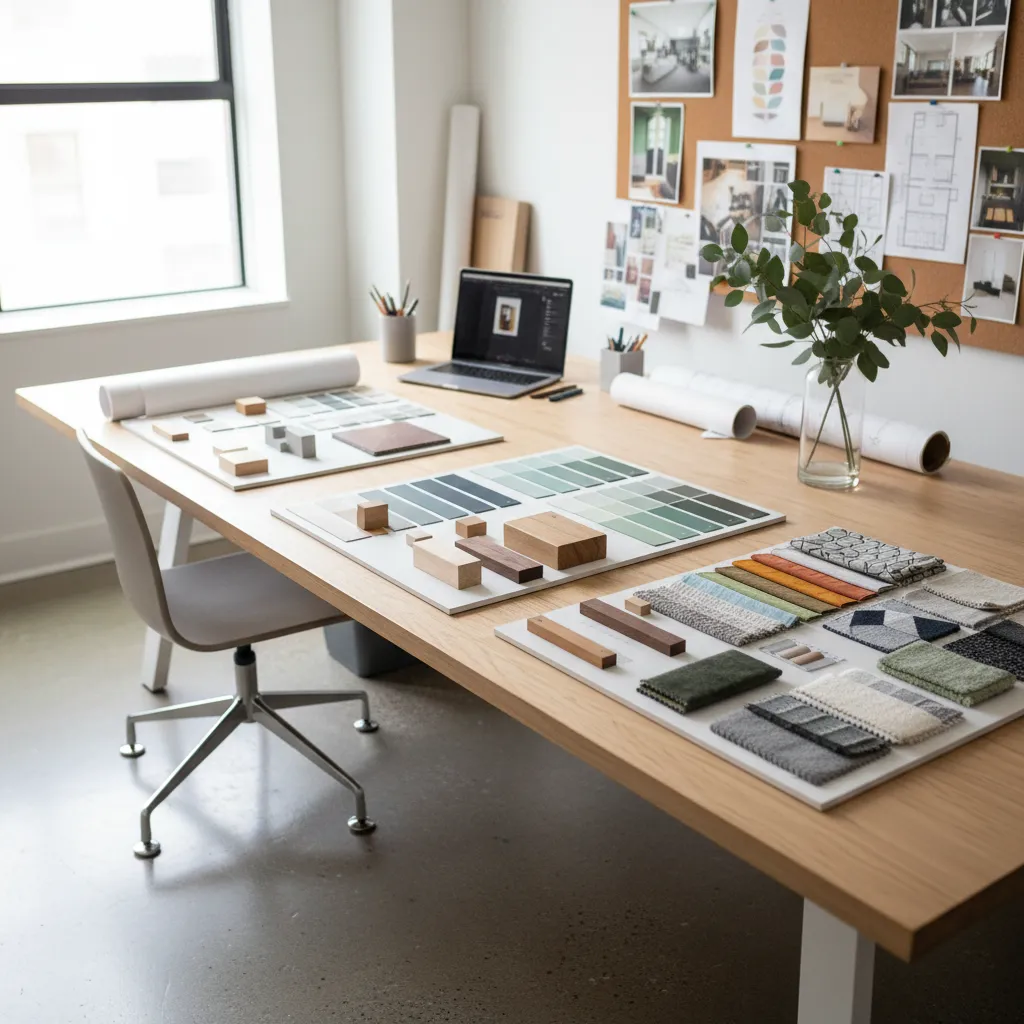 Diseñador revisando muestras de pintura y materiales para interiores