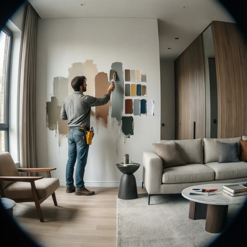 Paleta de colores de pintura sobre una pared interior en proceso de elección