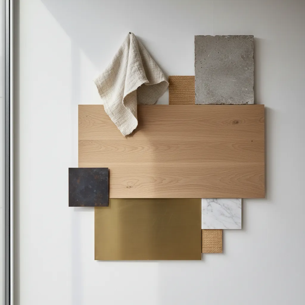 Detalle de materiales interiores con madera lino y piedra