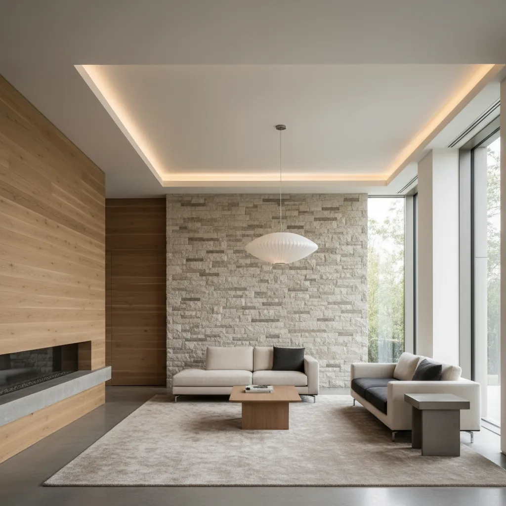 Interior moderno con materiales naturales como madera y piedra