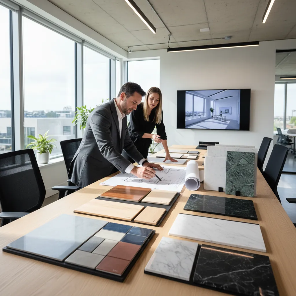 Two designers reviewing a floor plan on a table filled with various building material samples