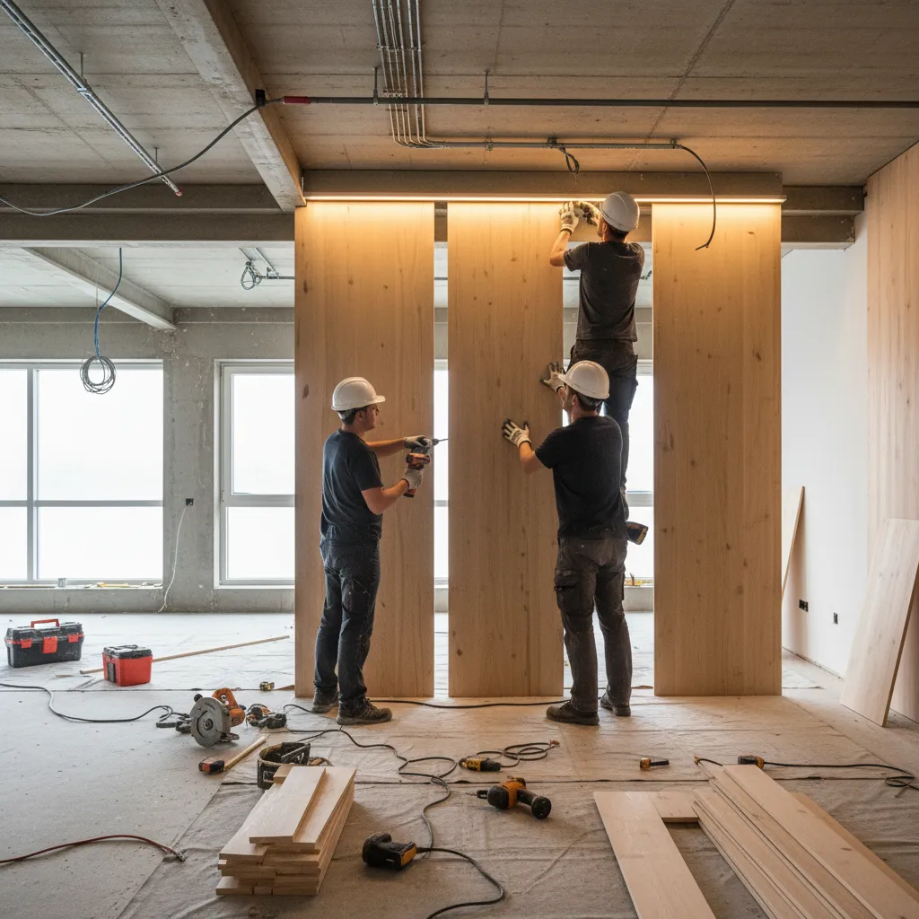 Proceso de reforma interior con trabajadores instalando materiales