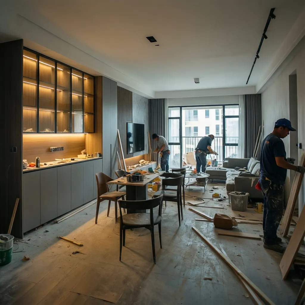 Quá trình thi công nội thất nhà ở đang hoàn thiện