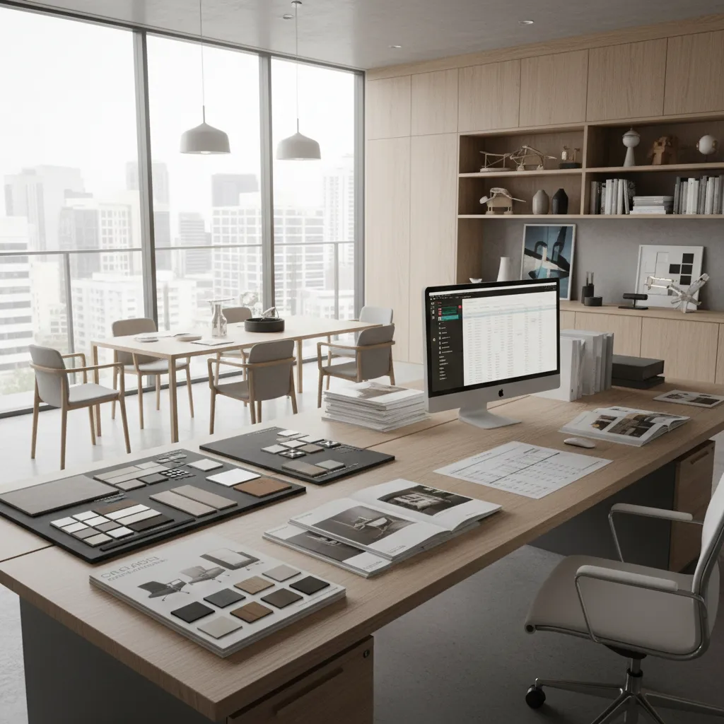 Interior construction procurement planning with finish boards and project documents