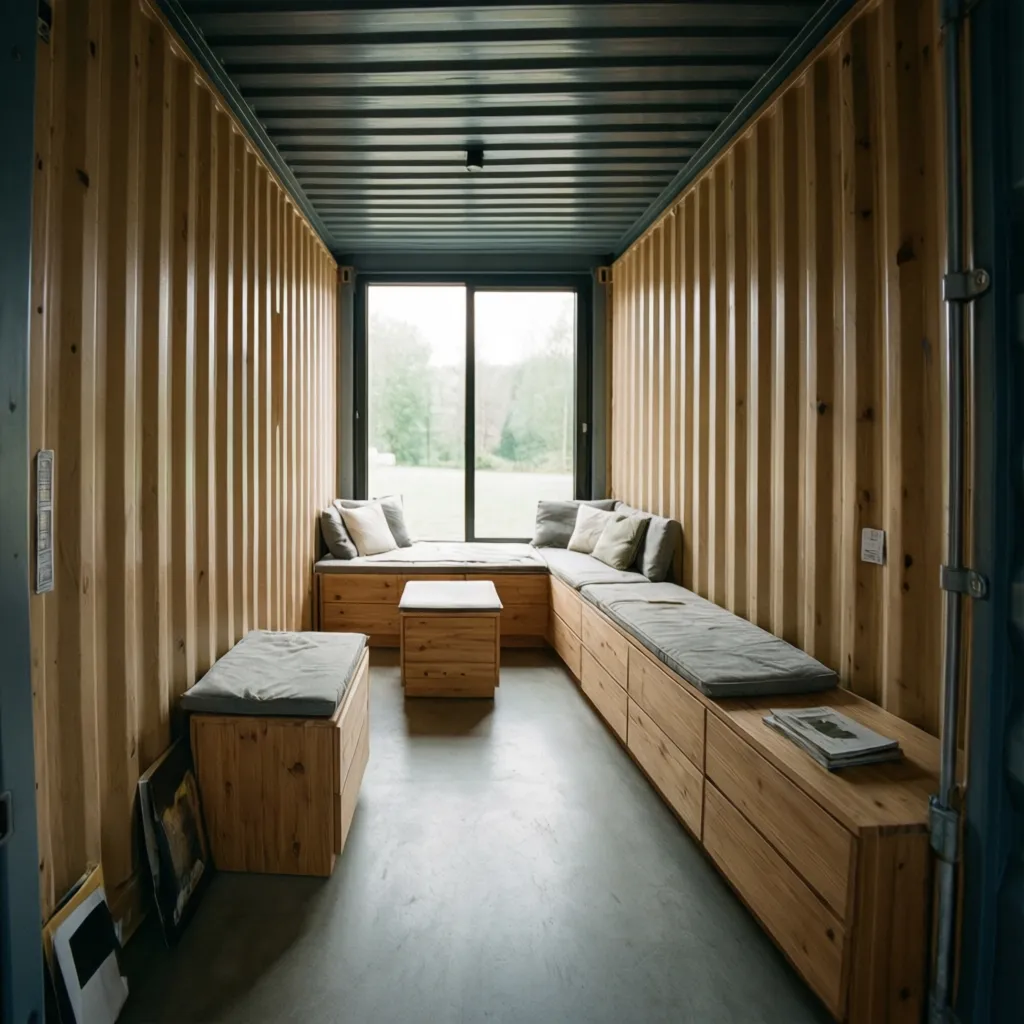 Interior of a container home featuring wooden wall panels grey sofa seating and large window