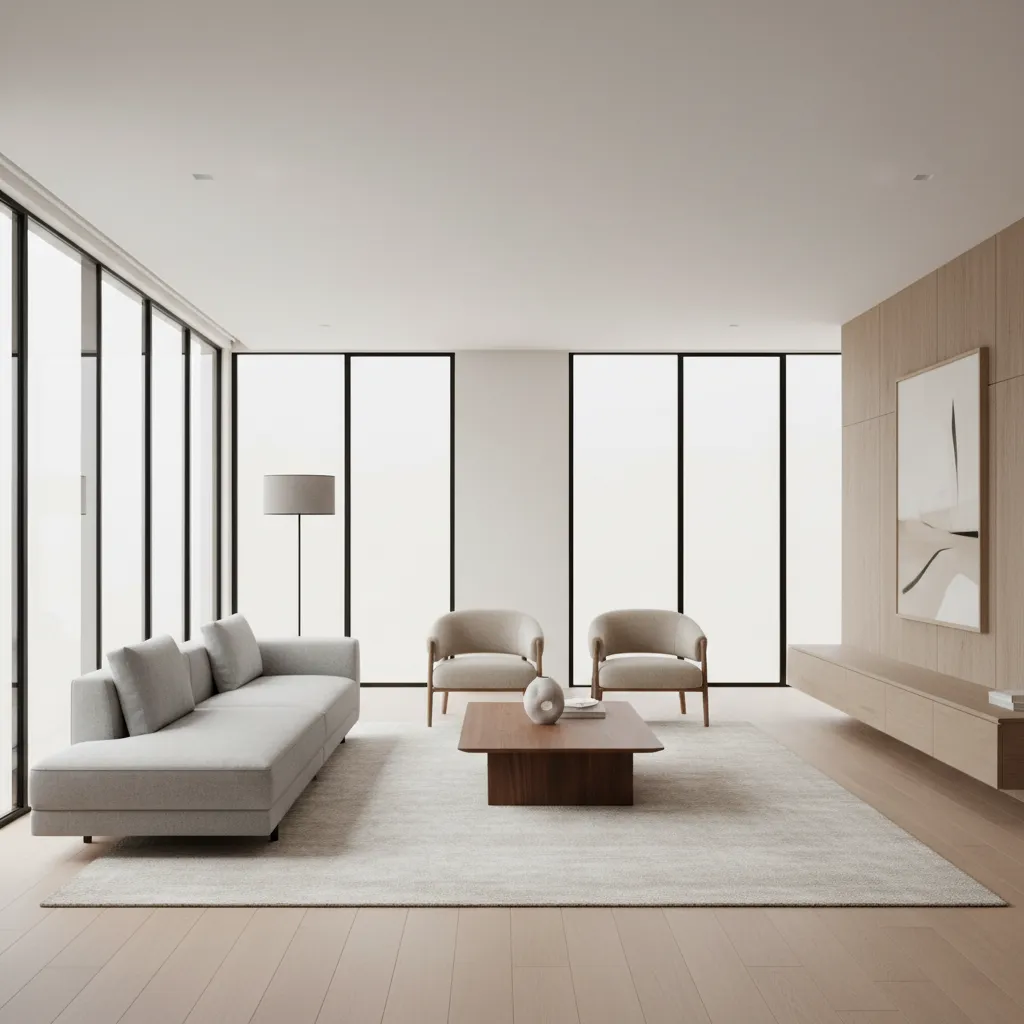 Interior contemporáneo minimalista con materiales naturales y diseño actual