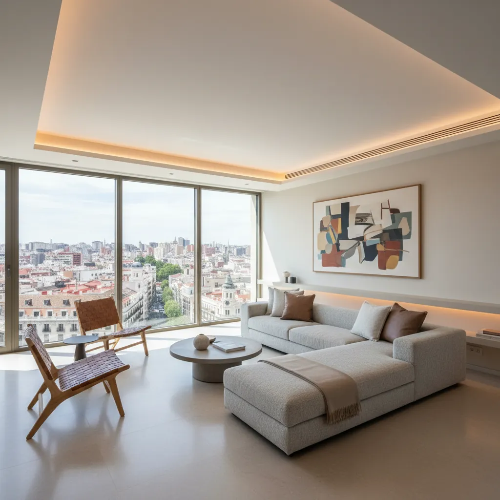 Piso urbano contemporáneo con decoración minimalista y arte moderno