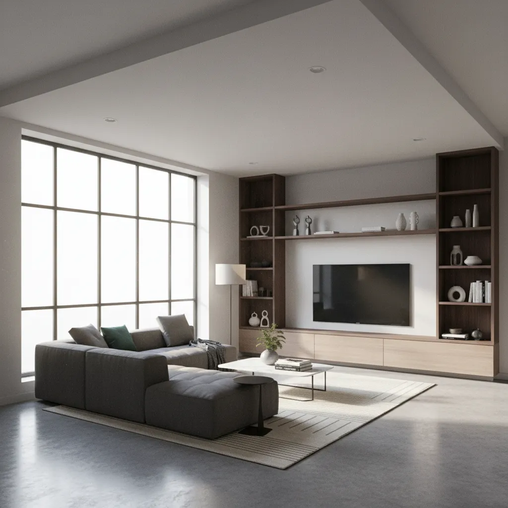 Corner camera angle showing two walls in architectural interior visualization