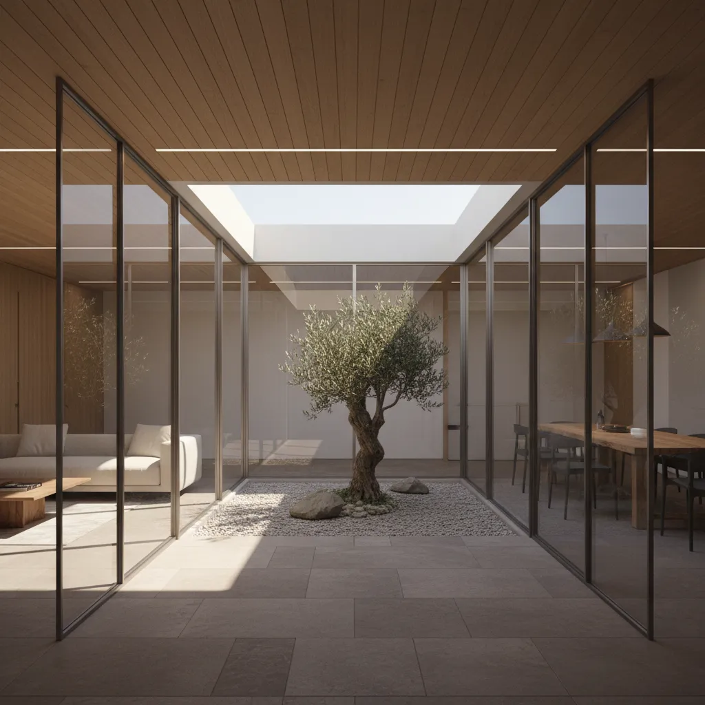 Interior courtyard bringing sunlight into the center of a modern home