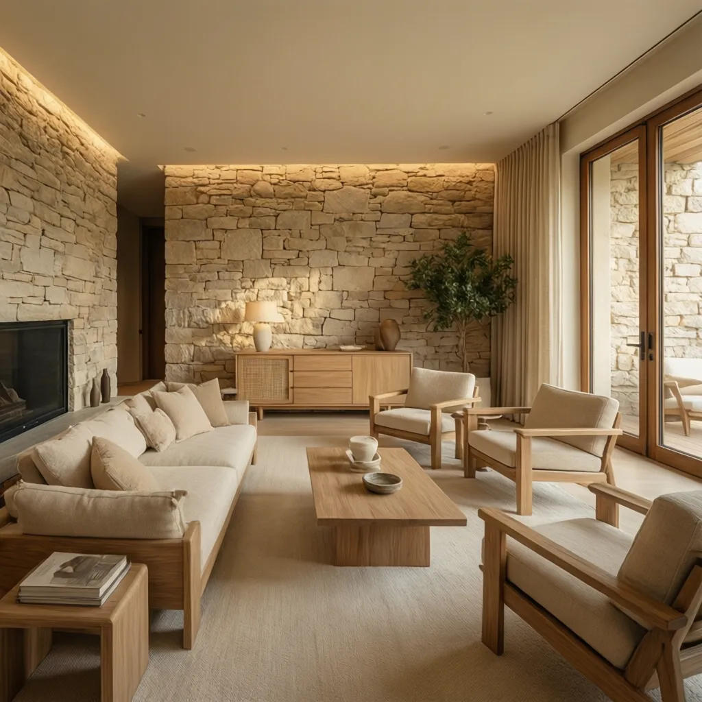 Interior elegante en tonos crema con piedra natural y madera clara