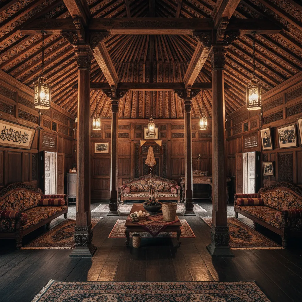 Traditional wooden living room with high ceiling lights three sofas and dark wood floor layout