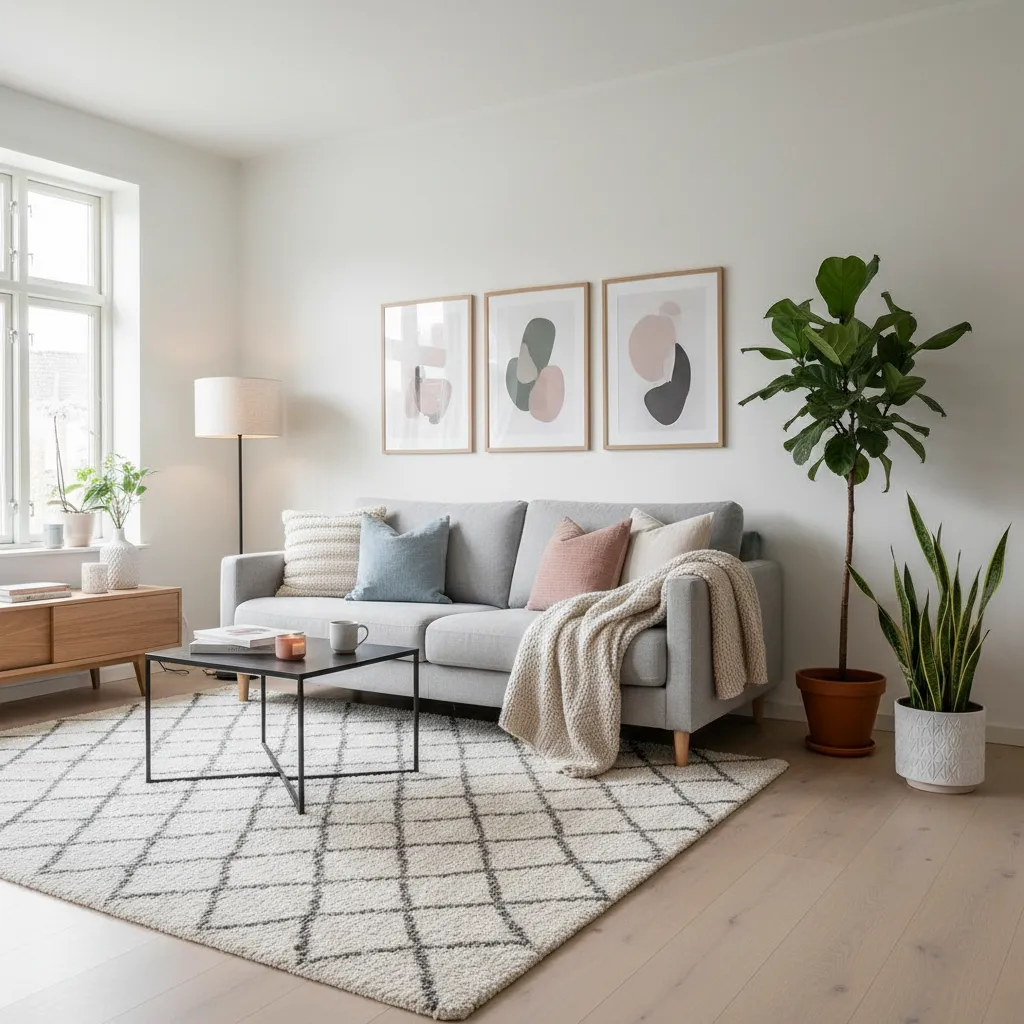 Salón moderno decorado con textiles, plantas y arte en paredes