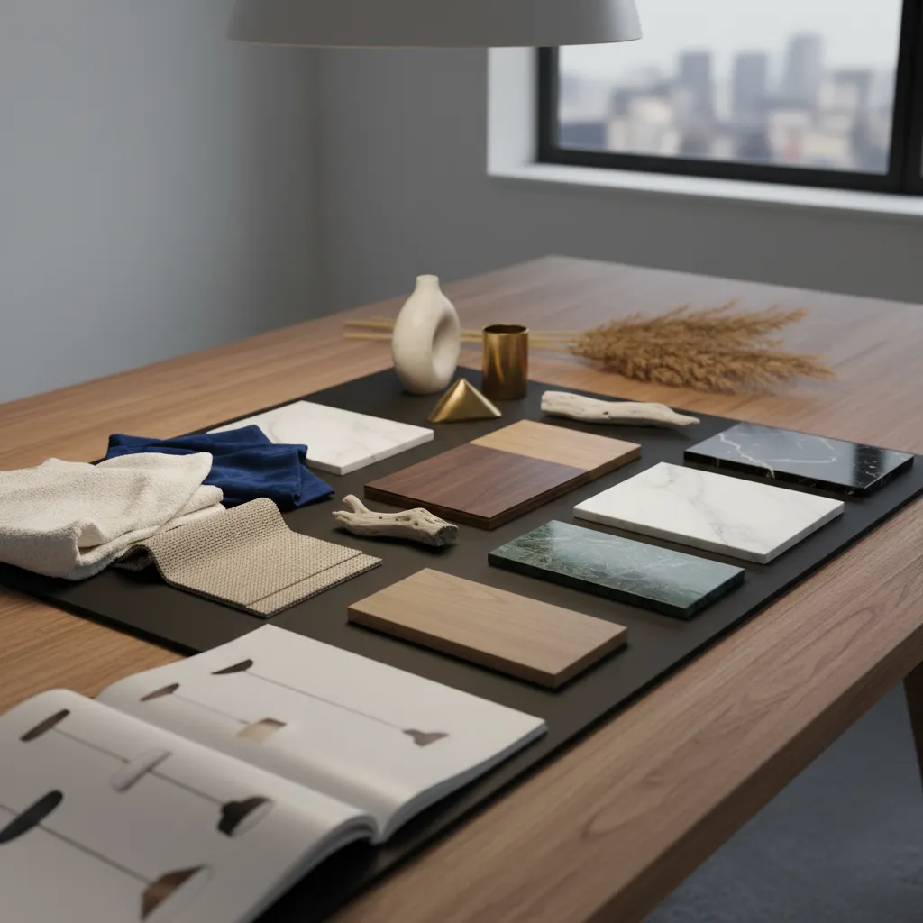 Mesa con muestras de telas, iluminación y materiales de decoración