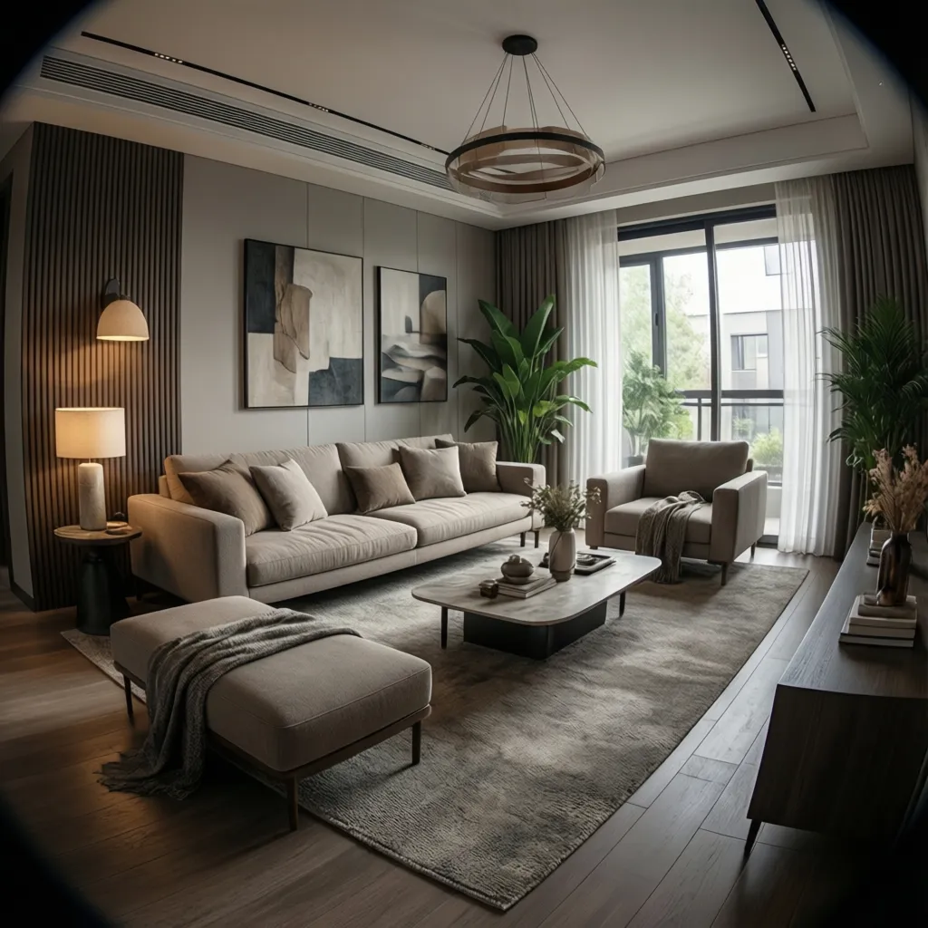 Modern living room interior decoration with furniture lighting and wall finishes