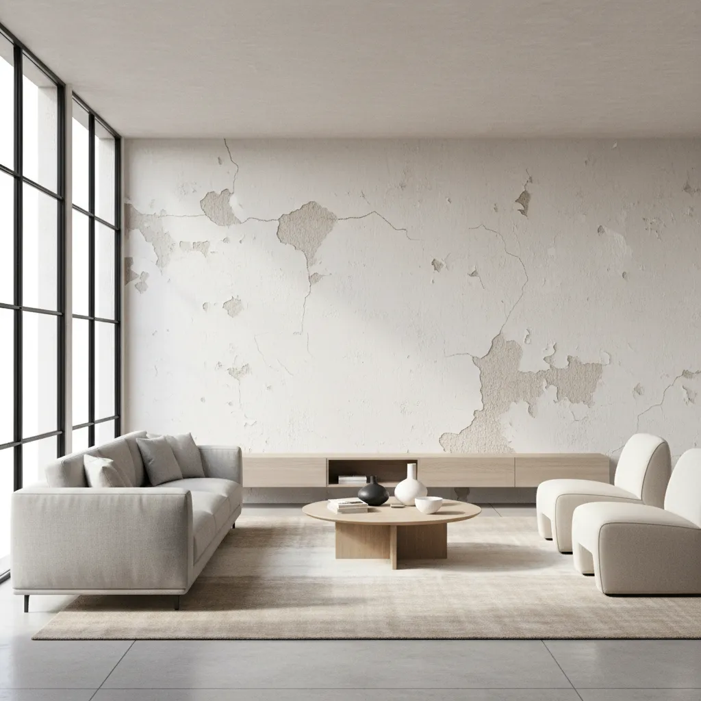 modern living room with peeling paint and wall crack decoration problem