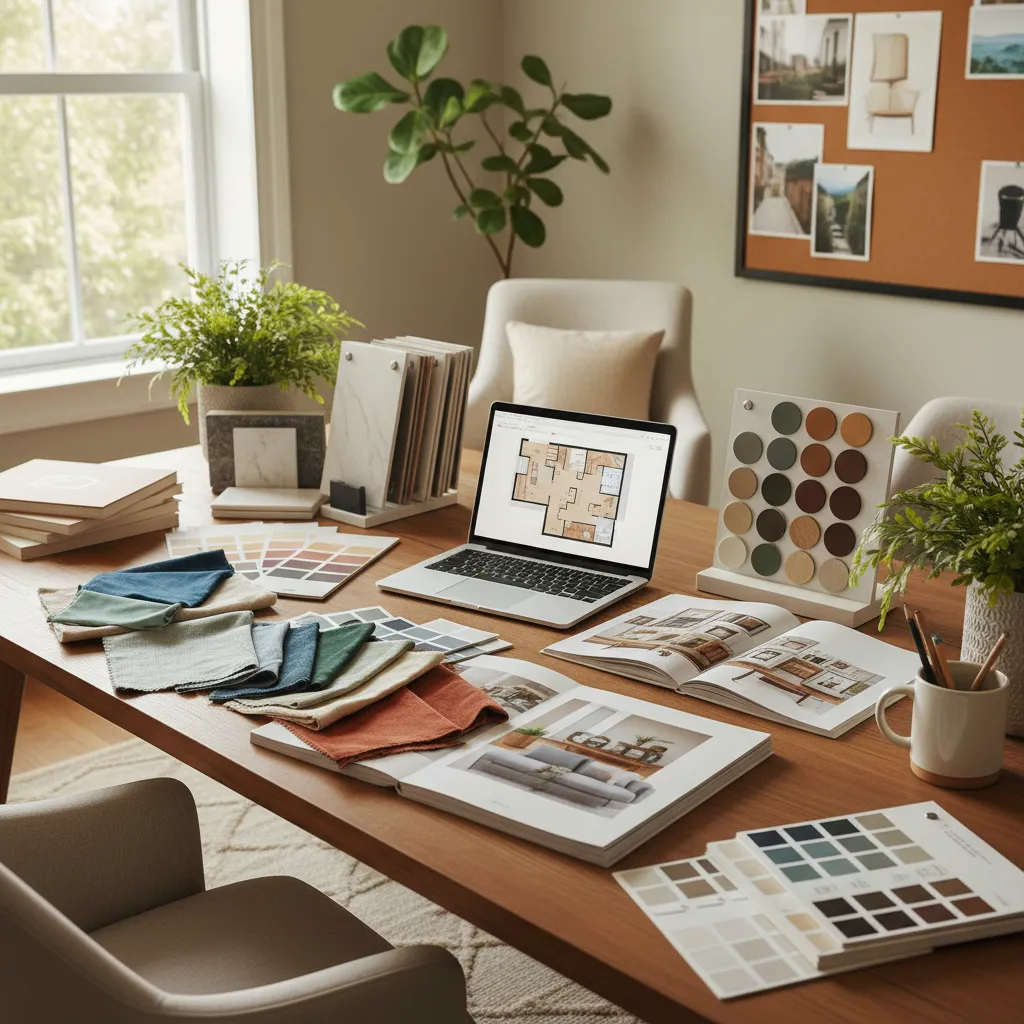 Interior decorator arranging fabric swatches and color palettes for home styling