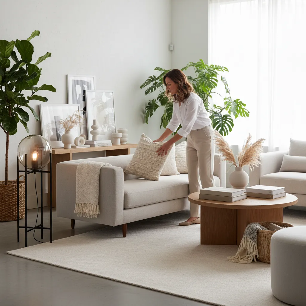 Decorador de interiores seleccionando muebles y textiles en un salón