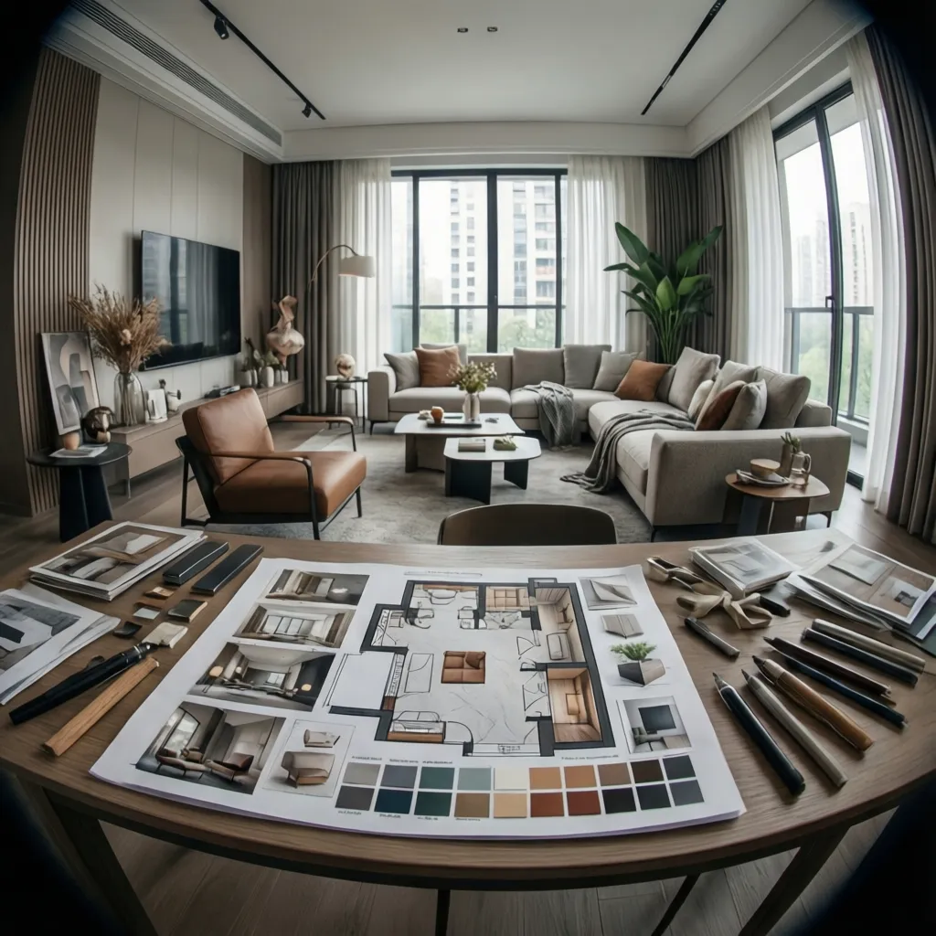 interior decorator planning living room layout with furniture samples