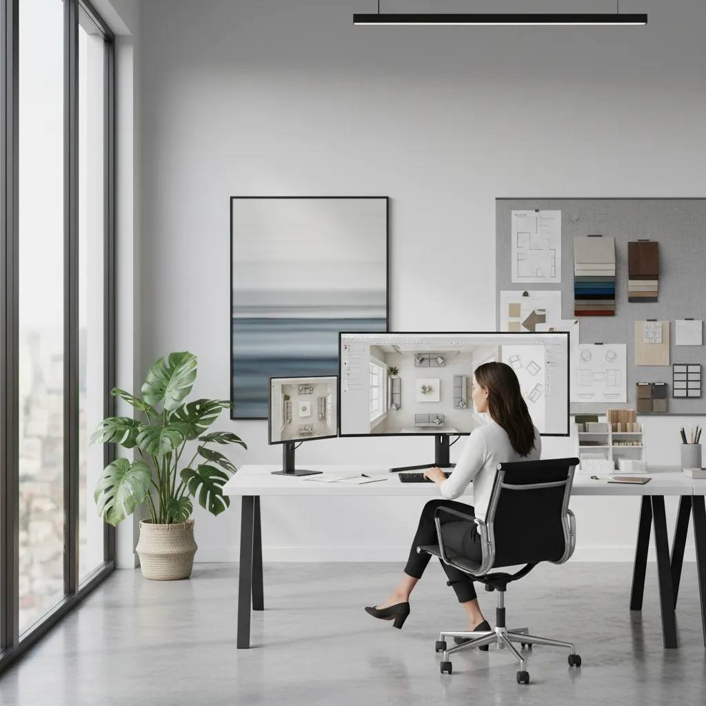 Interior designer arranging furniture layout on a digital 2D floor plan