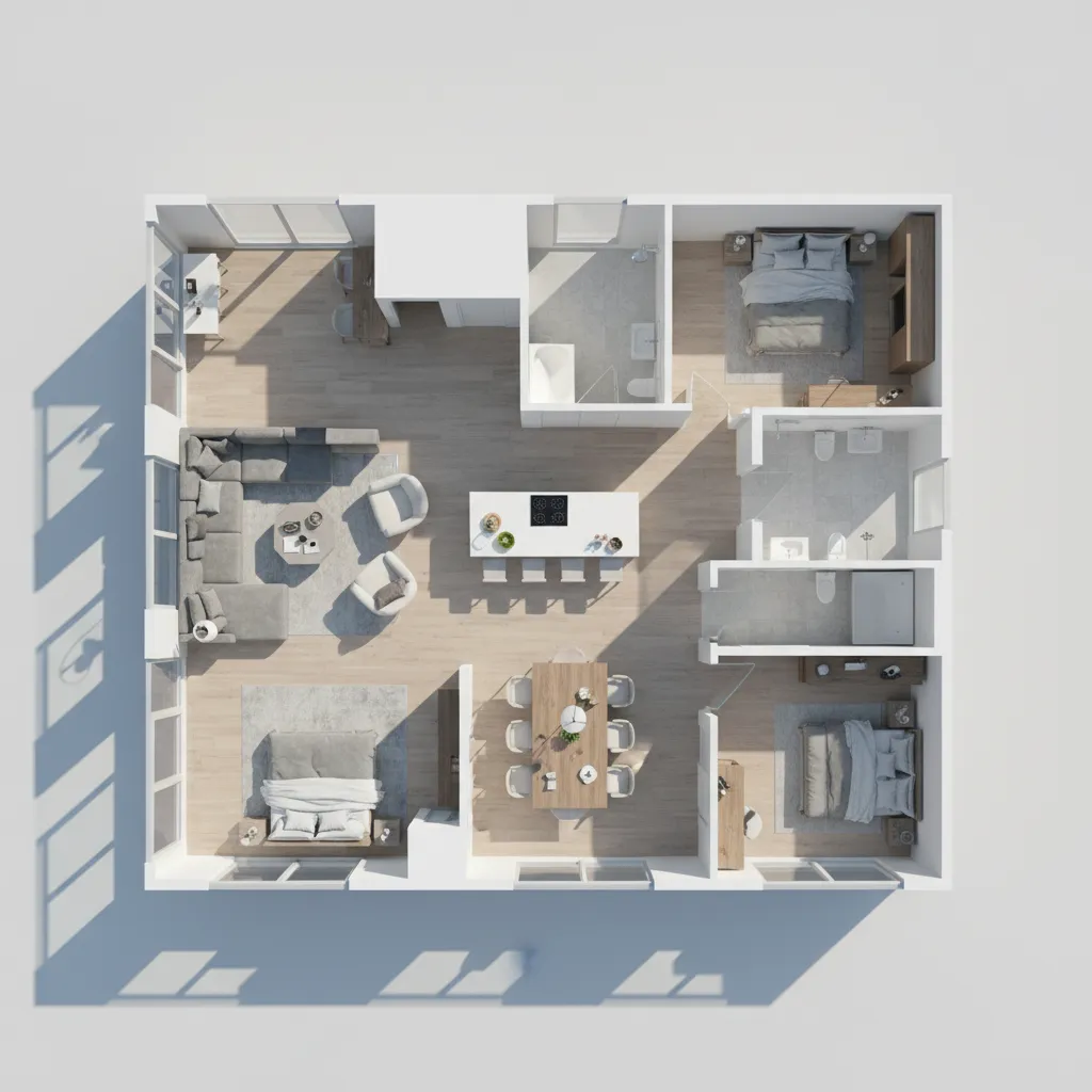 Modern 3D floor plan with three bedrooms, gray sofa, kitchen island, and light wood flooring
