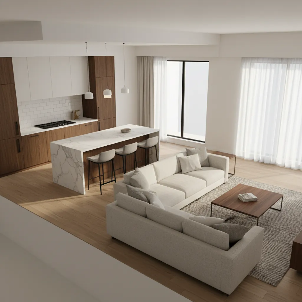 detailed interior design 3D floor plan with furniture materials and lighting