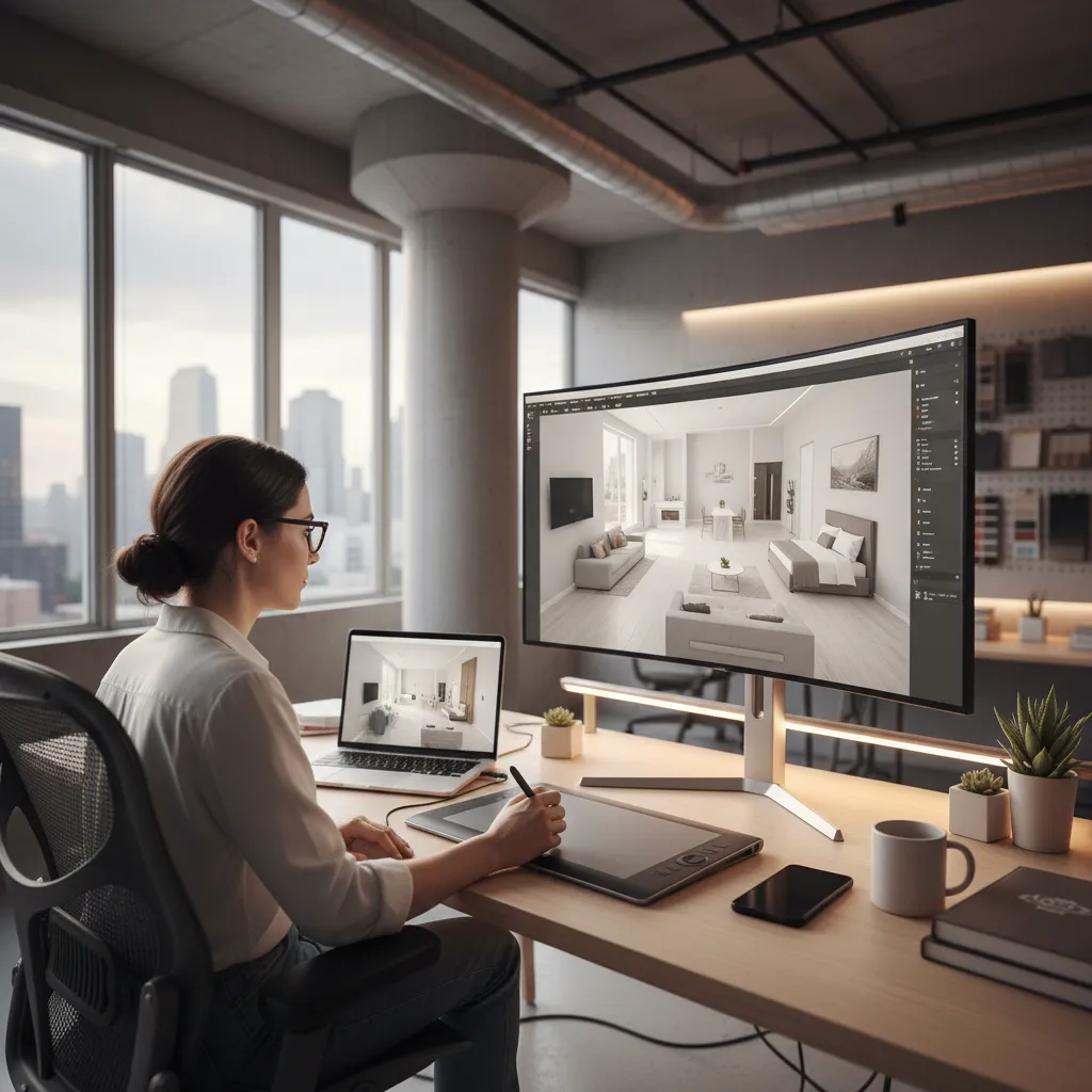 Diseñador revisando distribución de muebles en plano digital 3D
