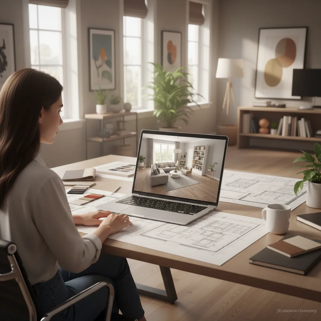 Interior designer reviewing furniture layout inside a 3D floor plan model