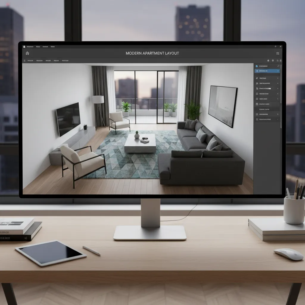 Plano digital de un salón diseñado en software 3D