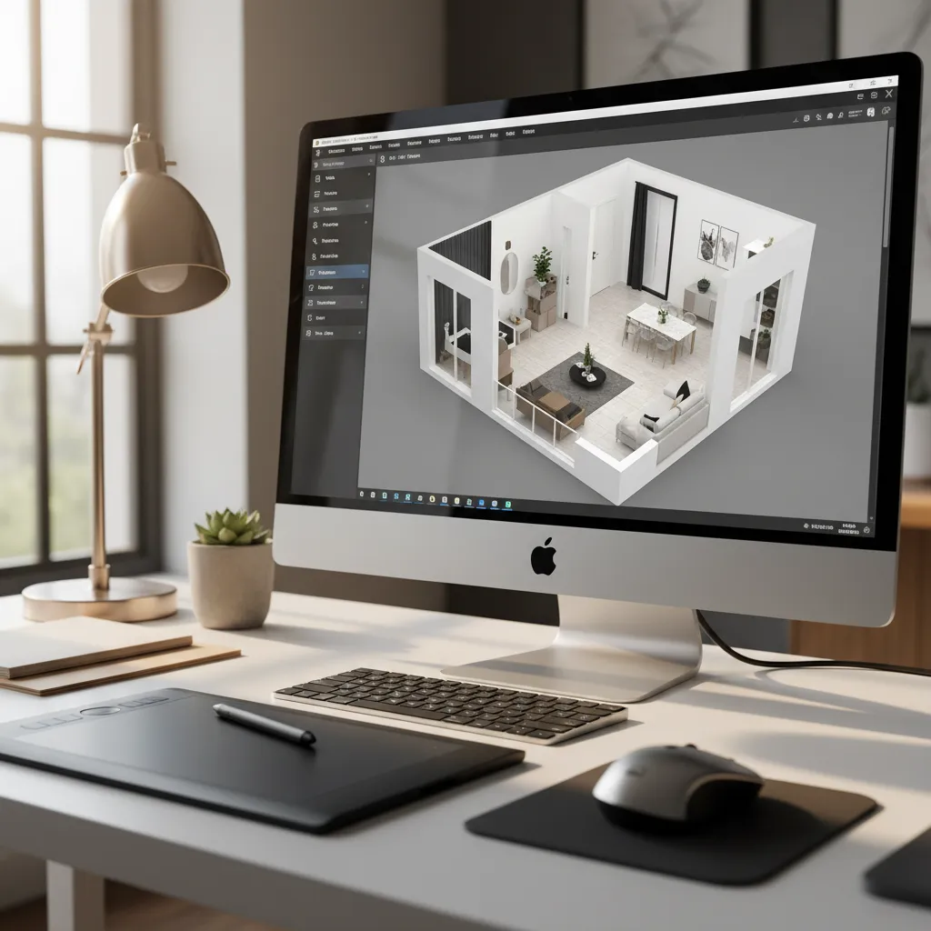 Computer monitor showing Coohom 3D interior design drawing of a modern room layout with furniture