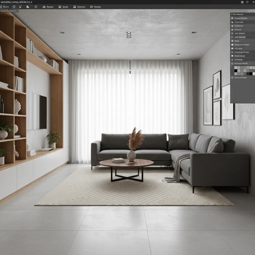 Modelo 3D de un salón con sofá, mesa y estantería visualizado en software de diseño